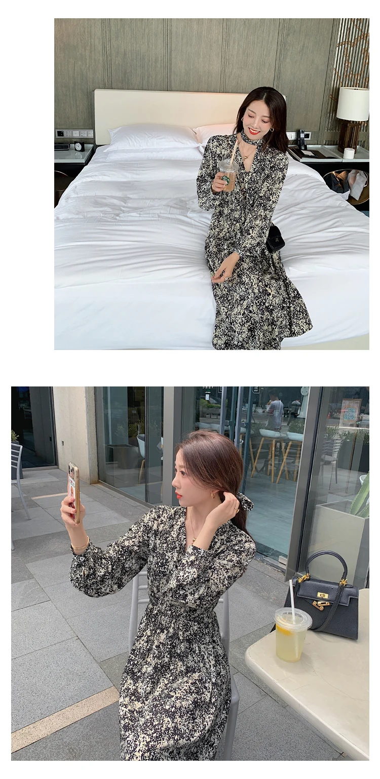 Vintage Print Holiday Boho Dress Women Long Sleeve Robe Femme Autumn Beach Sundress Korean Ladies Fashion Long Dress Vestidos