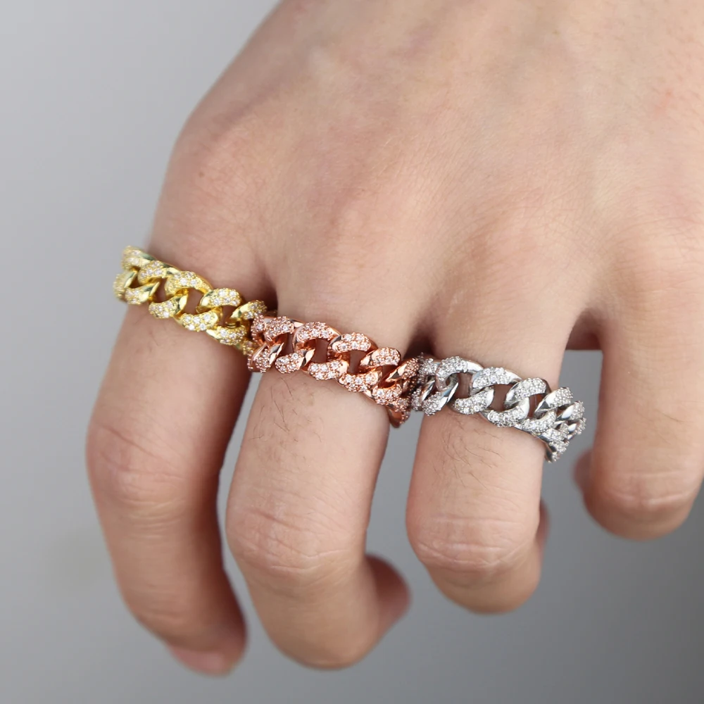 Iced out bling white cubic zirconia, кубинское кольцо-цепочка для женщин, Золотое кольцо в стиле хип-хоп, обручальное кольцо, Трендовое кольцо на палец