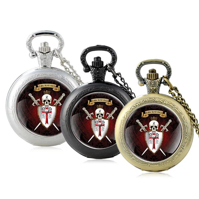 

Classic Skeleton Knight Templar Glass Cabochon Quartz Pocket Watch Vintage Men Women Pendant Necklace Chain Hours Clock Gifts