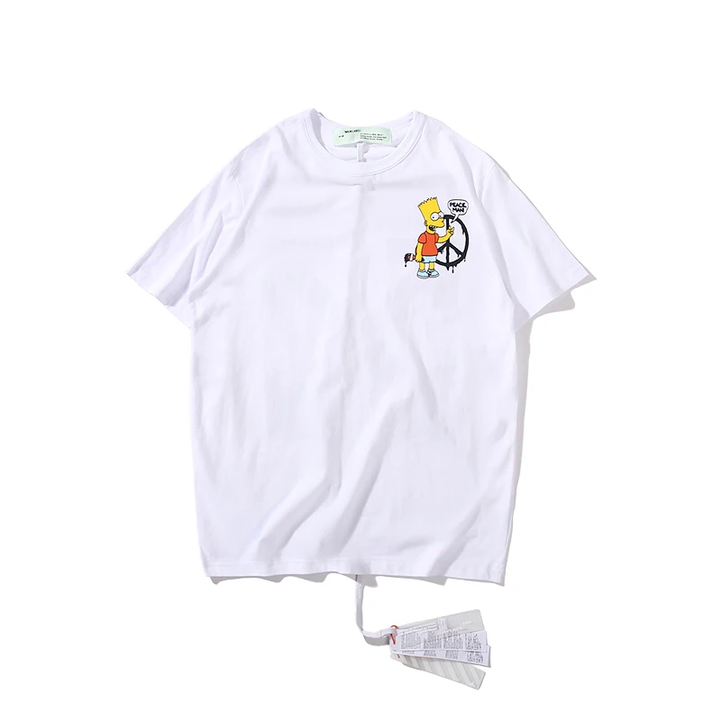 19ss Off-White OW Симпсон мультфильм мужчины/женщины унисекс Мода парные влюбленные модели хлопок Случайный Круглый вырез короткий рукав Футболка - Цвет: Белый
