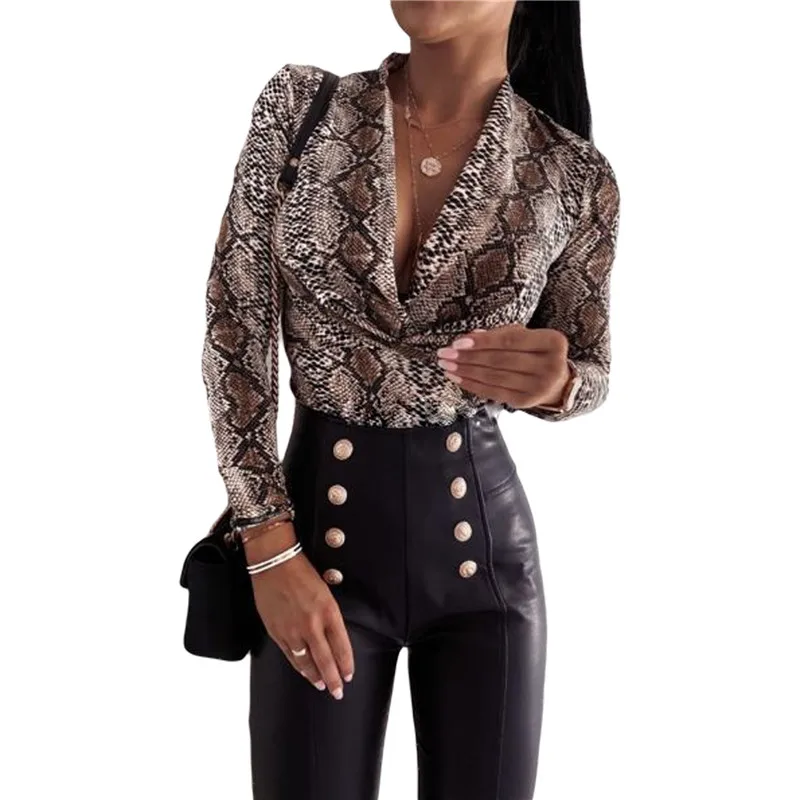 

Women Bodysuit Romper Fall Top Streetwear Bodycon Leopard Snakeskin Printed Elastic V-Neck Long Sleeve Causal Pleated Clothes