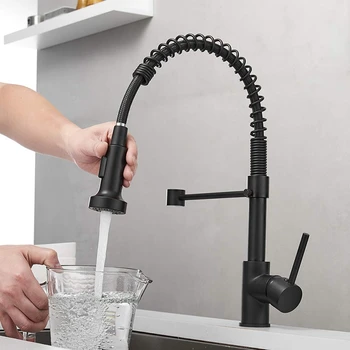

Kitchen Faucets Commercial Solid Brass Single Handle Single Lever Pull Down Sprayer Spring Kitchen Sink Faucet, Matte Black