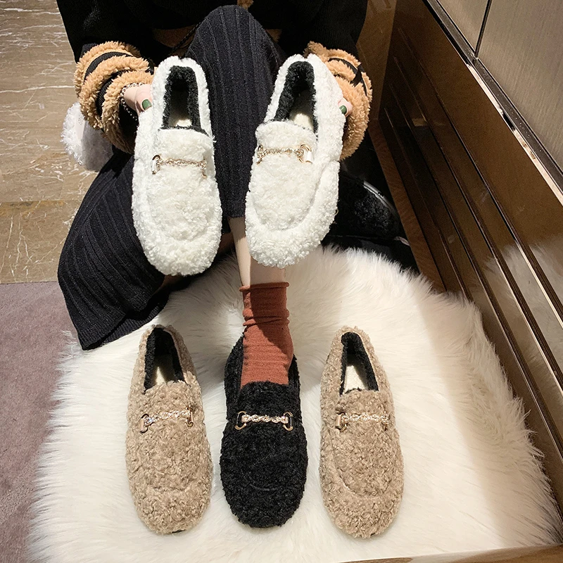 Women Winter Home Shoes Brand Chain Buckle Lady Fluffy &amp Fuzzy Ballet Flats Foldable Slip On Ballerinas Size 35-43 | Обувь