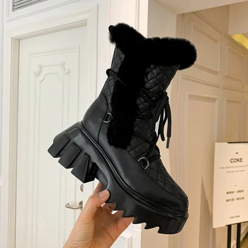 

Russian winter booties Women ankle boots cow leather +rabbit fur plush lining winter booties Diamond plaid women platform heels