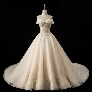 

Noble Boat Neck Wedding Dress Vestido De Noiva 2020 Luxury Lace Embroidery Princess Wedding Ball Gown With Big Train Bride Dress