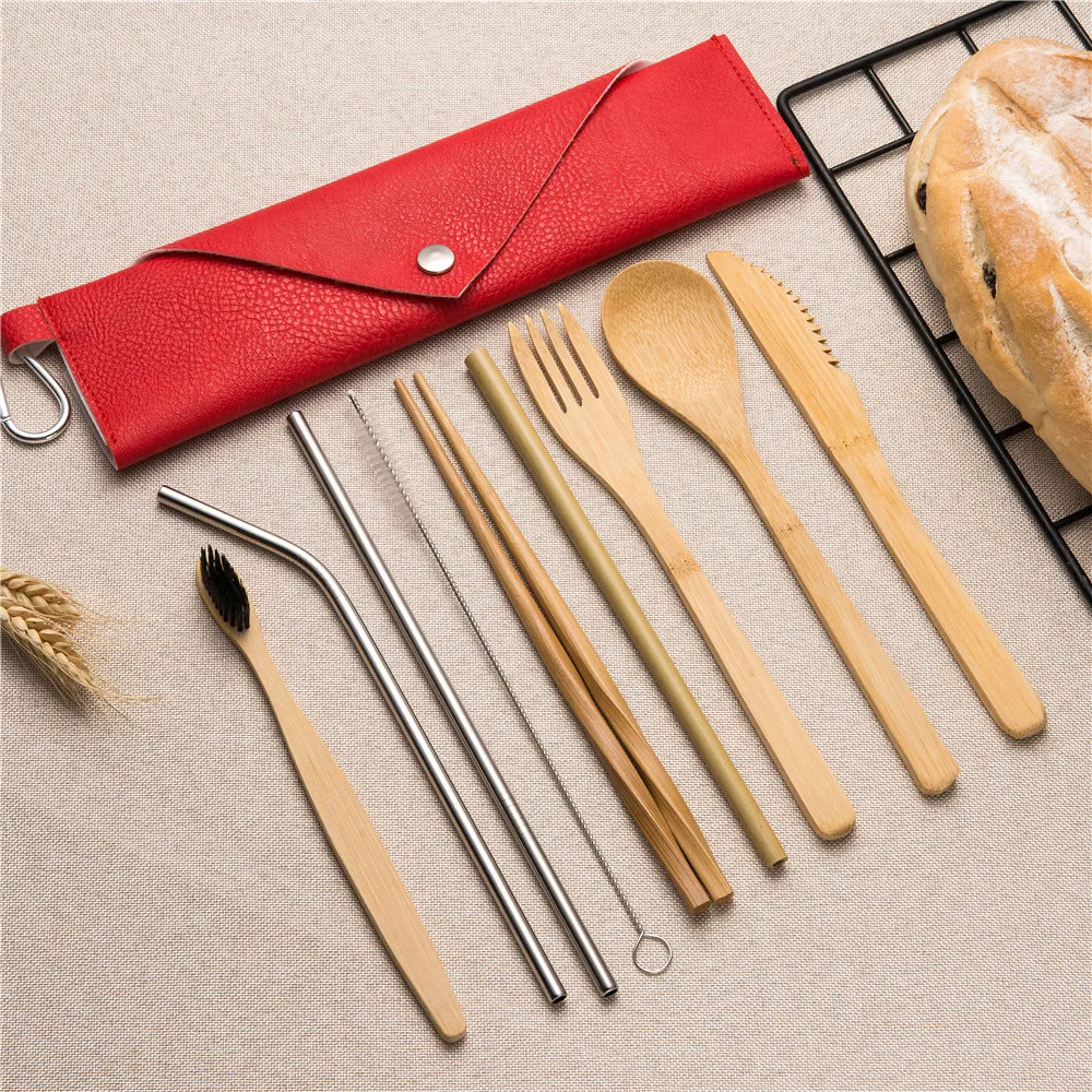 

Reusable BambooCutlery Set Wooden portable Dinnerware set Cutter Cutting Bag Students Office Worker Tableware Set Kitchen Tool