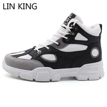 LIN KING/Классические мужские зимние ботинки в байкерском стиле; большие размеры; теплые зимние ботинки на меху; Светящиеся ботинки на шнуровке; высокие мужские кроссовки