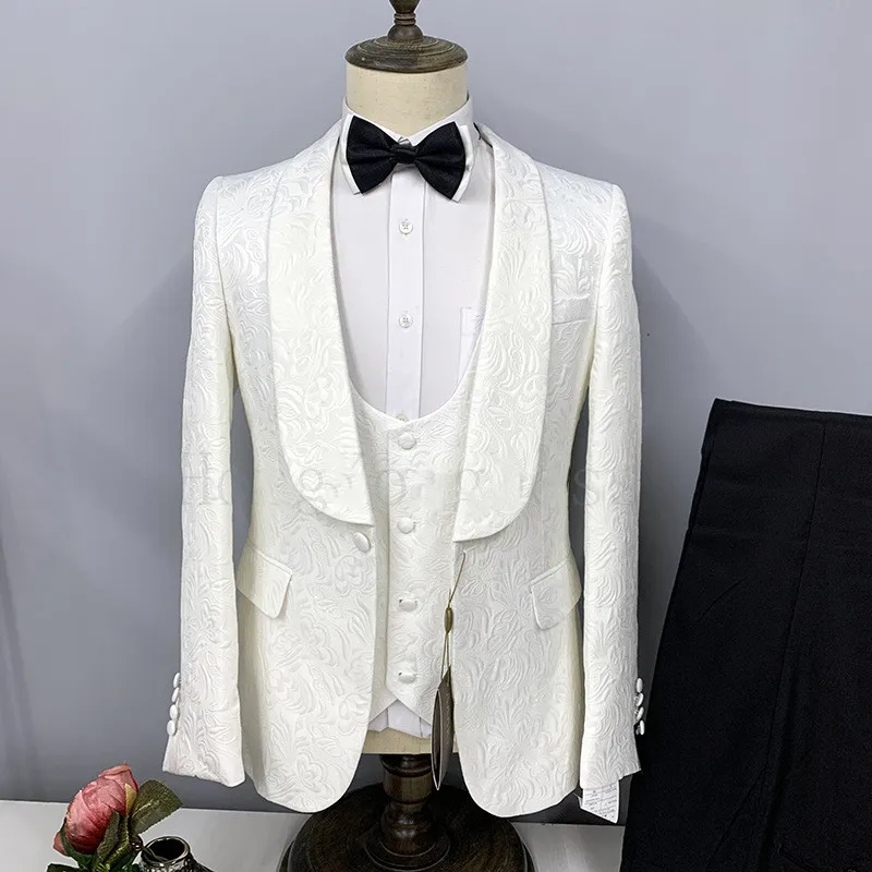 

2021 New Men's 3 Pieces White Floral Suit Formal Business Shawl Lapel Slim Fit Tuxedo Groomsmen For Wedding (Blazer+Vest+Pants)