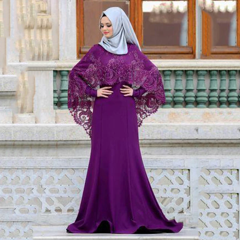 

Arabic Muslim Mermaid Evening Dress With Lace Appliques Cape Islamic Dubai Saudi Evening Gown Long Sleeve Formal Dress