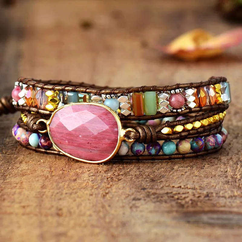 Leather Wrap Bracelet W/ Stones Multi Color Natural Beads Crystal Weaving Statement Art Bracelet Gifts
