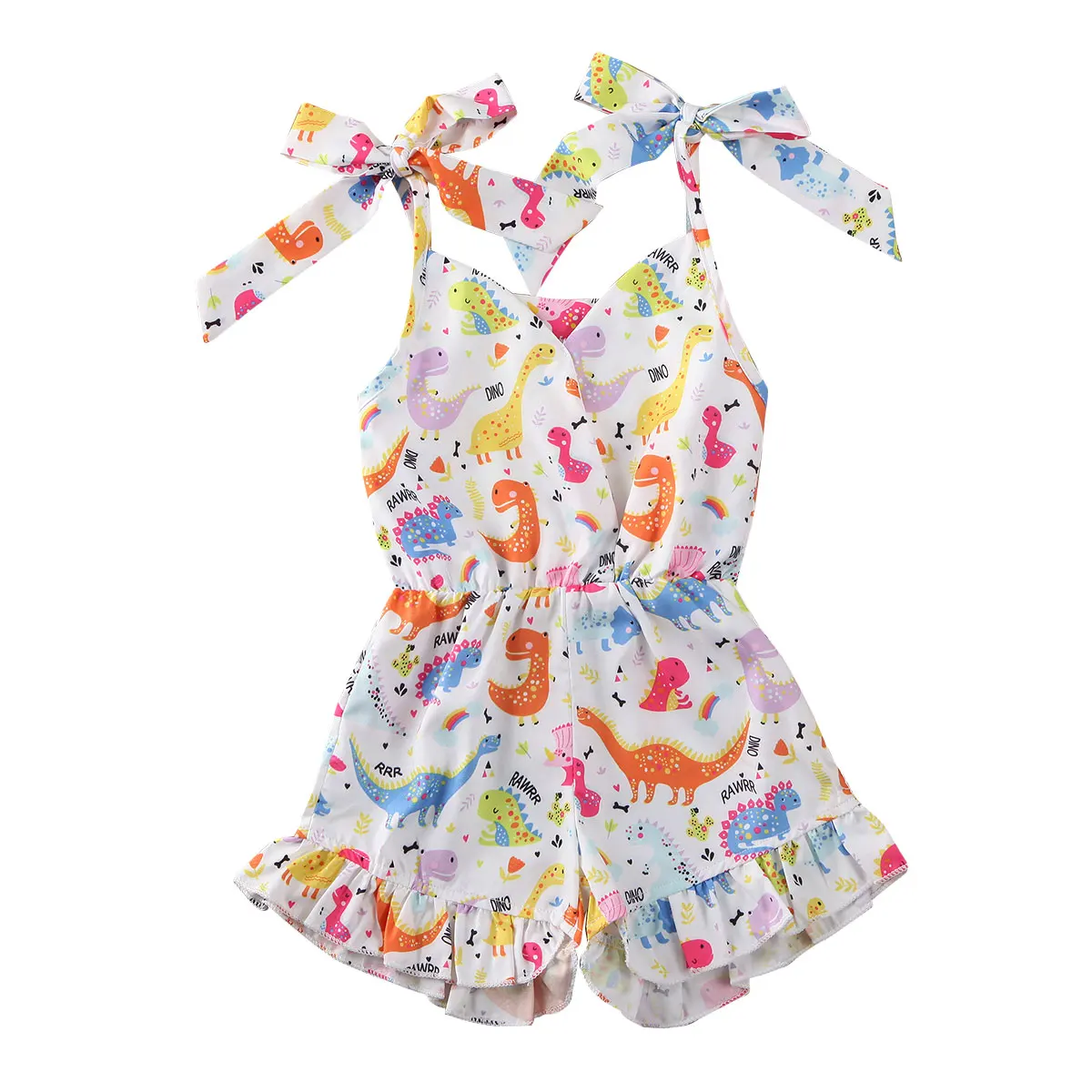 

AA 2020 Newborn Rompers Baby Kids Girls Summer Sleeveless Bandage Dinosaur Print Romper Lace Up Girls Jumpsuits