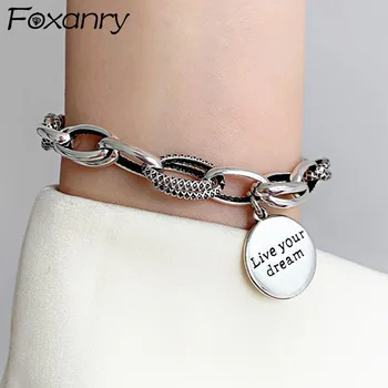 

Foxanry 925 Sterling Silver Thick Chain Charm Bracelet for Women Vintage English Letter Round Tag Thai Silver Bride Jewelry Gift