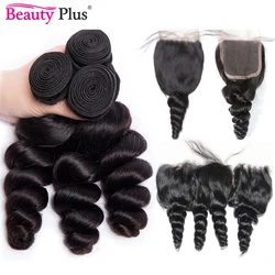 Brazilian Loose Wave Bundles With Closure Pre Plucked Human Hair Bundles With Frontals Spiral Curly Weave 3 Bundles With Closure
