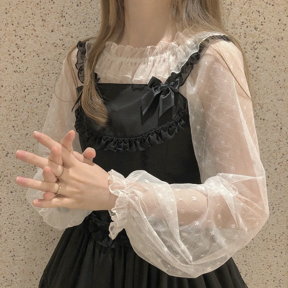 Japanese wave point gentle sweet lolita shirt transparent lace kawaii girl daily victorian shirt gothic lolita top loli cosplay lolita cosplay costumes lolita blouses