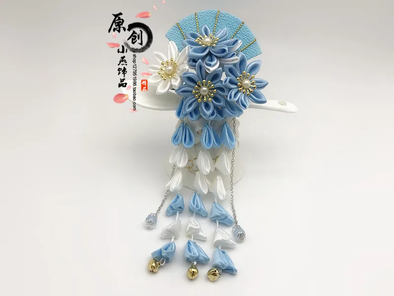 Японский винтажный ручной работы веер гейши цветок красный заколка для волос шпилька аксессуары для японской одежды firkete/Horquilla - Цвет: blue  clip