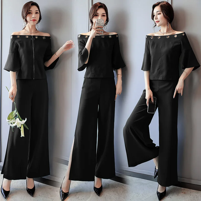 

Slit Loose Pants WOMEN'S Suit 2019 Summer New Style Sexy Horizontal Neck off-Shoulder Slimming Goddess-Style Two-Piece Set Fashi