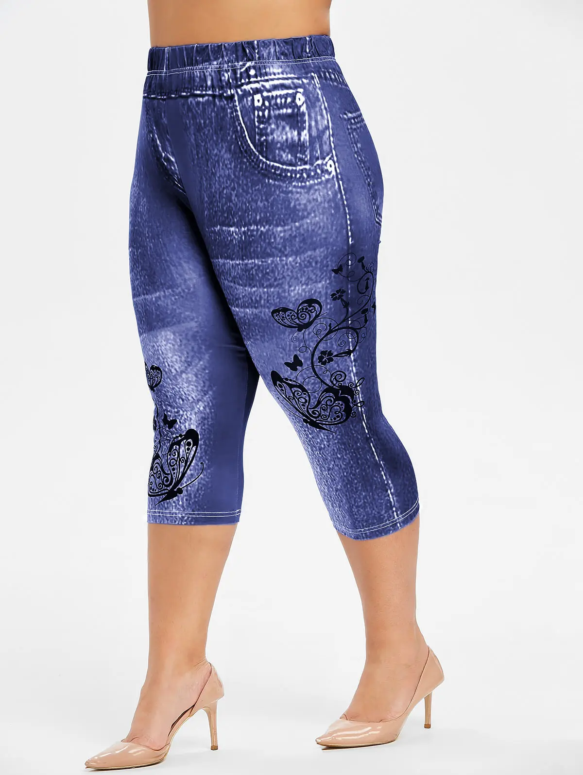 ROSEGAL большой Размеры бабочка 3D джинсы с принтом в обтяжку Фитнес эластичный Высокая талия узкие Капри женские брюки, леггинсы Повседневное брюк