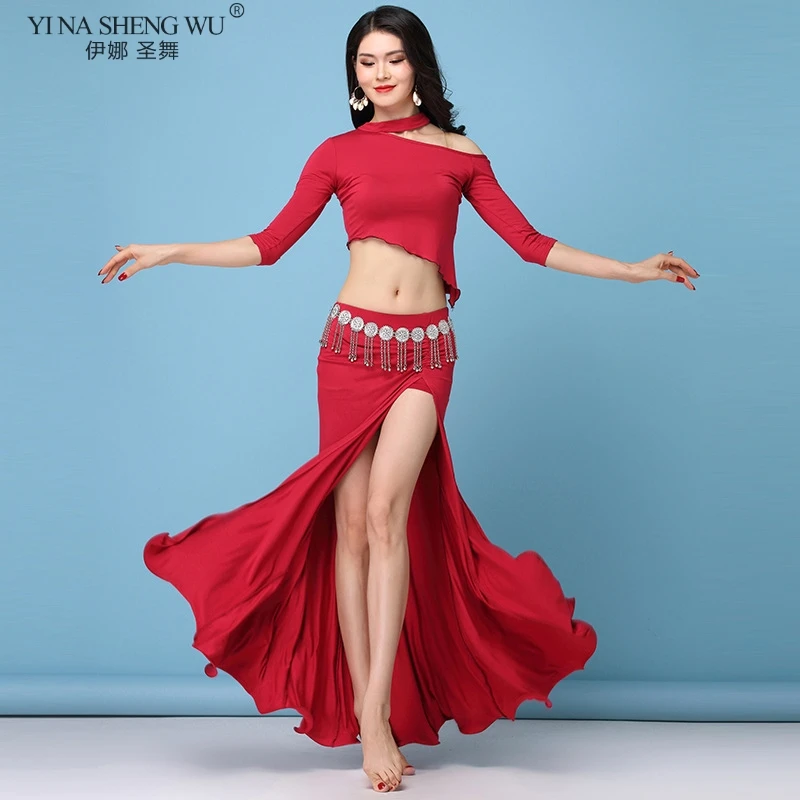 Traje de danza del vientre para mujer, conjunto de 2 piezas, Sexy, manga larga, danza Oriental, ropa blusa Modal, falda con abertura lateral|Danza del vientre| - AliExpress