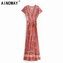 Винтажное шикарное женское пляжное длинное богемное Макси-платье с цветочным принтом и рукавом «летучая мышь», женское сексуальное летнее платье с v-образным вырезом в стиле бохо happie