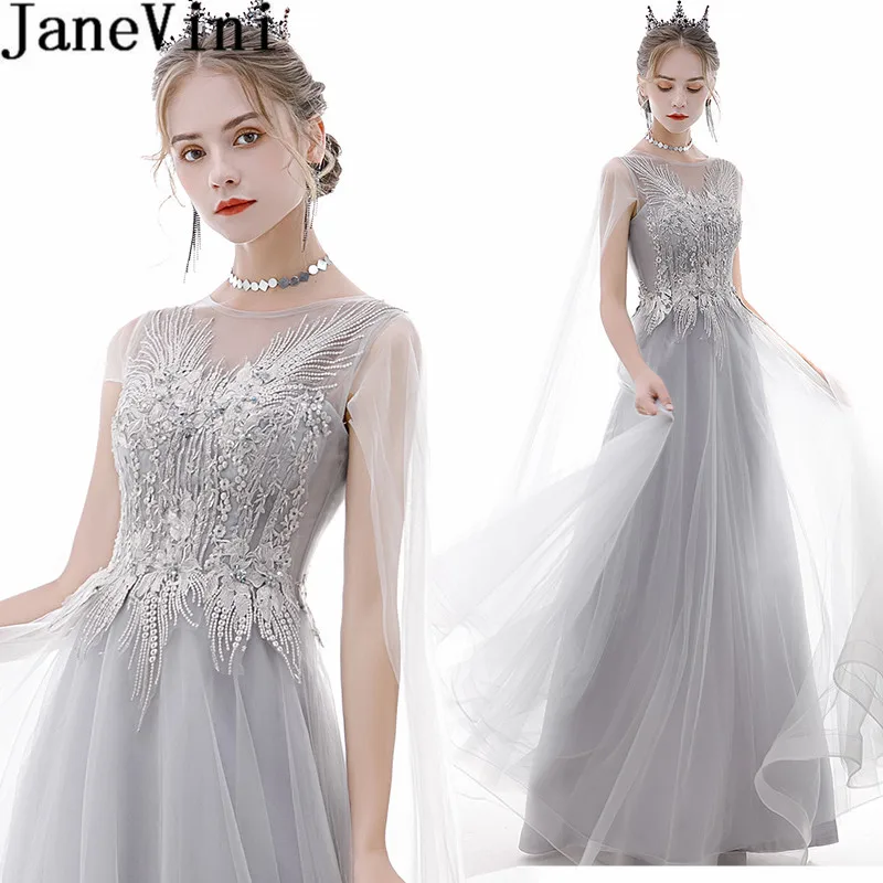 

JaneVini Light Grey Beaded Long Bridesmaid Dresses 2020 bruidsjurk Women Lace Appliques A Line Tulle Arabic Wedding Guest Gown