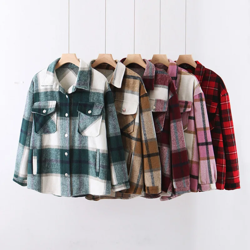 

Autumn 2020 New Women's European And American Style Lapel Long-sleeved Cardigan Breasted Breast Pocket Loose Plaid Shirt Women