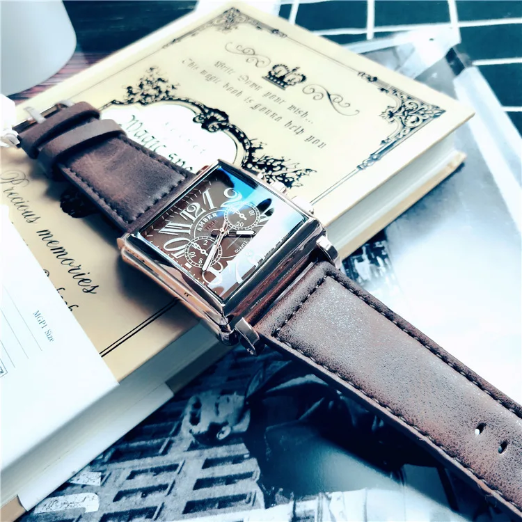 Новые мужские часы, квадратные, Relogio Masculino, серебро, розовое золото, наручные часы, роскошный бренд, кожаный ремешок, кварцевые часы erkek kol saati - Цвет: dark brown gold