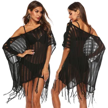 

Saida De Praia Female 2018 Sexy Beach Dress Bathing Outings Bikini Cover Up One Line Solid Color Loose Hollow Knitted Women