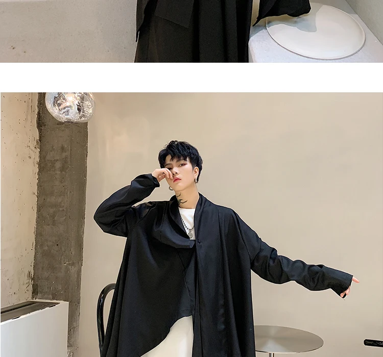 Men Japan Style Streetwear Gothic Irregular Windbreaker Jacket Kimono Cardigan Male Black Trench Coat Outerwear Stage Clothes