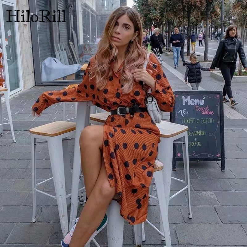 Женское платье миди в горошек HiloRill вечернее платье-рубашка с длинным рукавом и