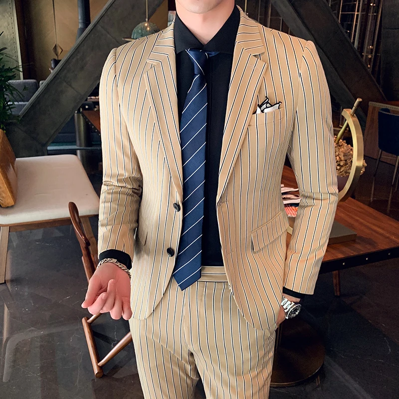 Khaki suit two-piece suit Fashion City England wind stripes slim banquet suit suit groom wedding dress men gentleman coat pants