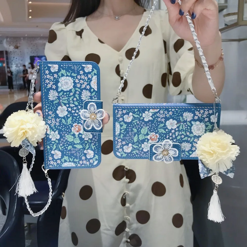 

Blue Jasmine Pearl Buckle Chain hone case For Samsung Galaxy Note 8 9 10 20 Plus S8 S9 S10 Ultra Can be Wallet card cover