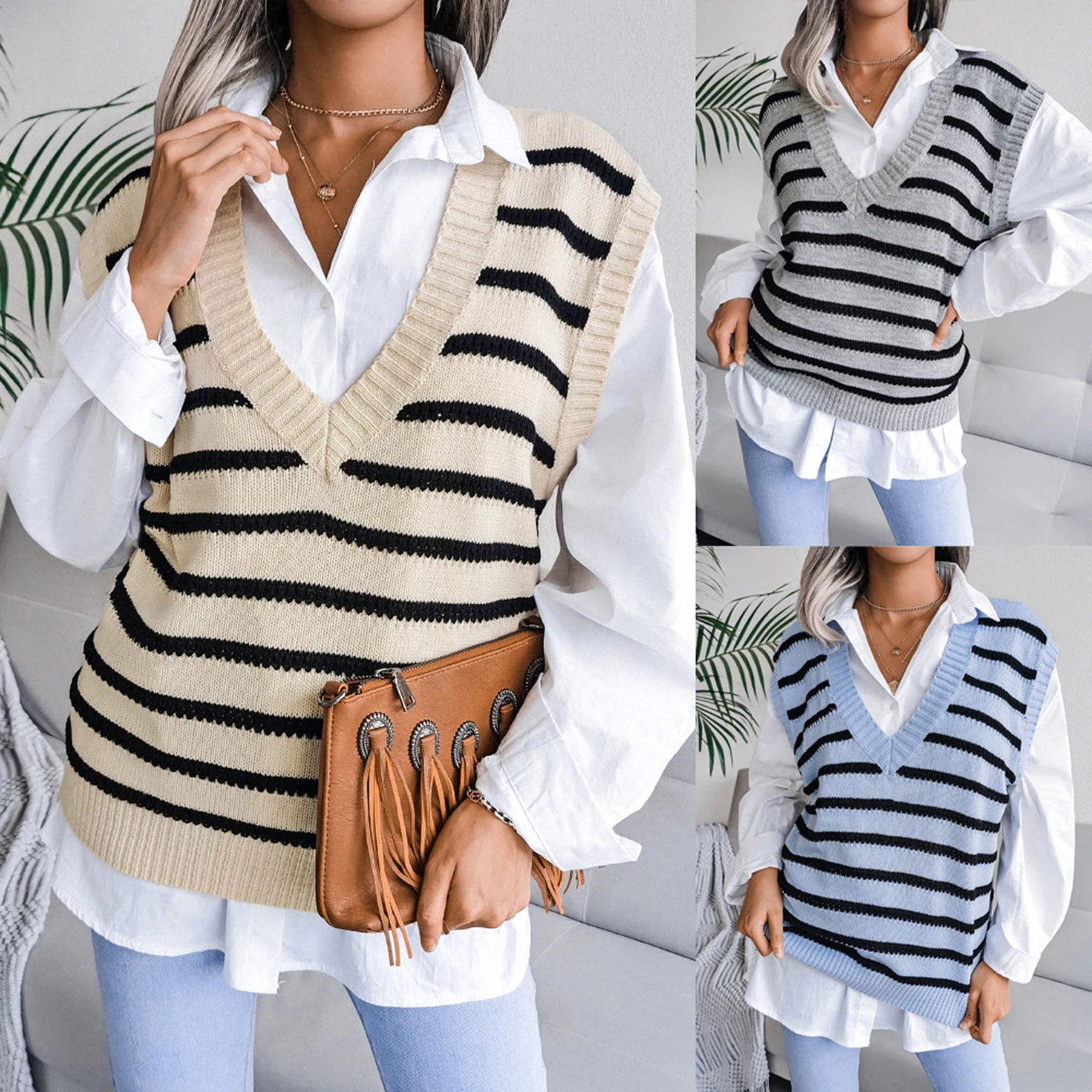 Women Striped Sweater Vest Loose Fit Sleeveless Deep V neck Knitted