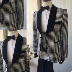 Men's Houndstooth 3-piece Wedding Groom Tuxedo Party Dress Business Slim Fit Blazer + Pants + Vest Free Customization