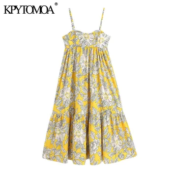 

KPYTOMOA Women 2020 Elegant Fashion Floral Print Pleated Midi Dress Vintage Backless Spaghetti Strap Female Dresses Vestidos