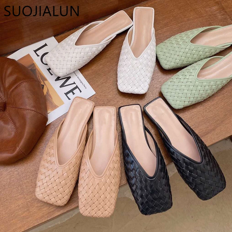 

SUOJIALUN Fashion Brand Weave Leather Slipper Ladies Square Toe Sandal Flat Heel Casual Shallow Slip on Slides Elegant Slipper