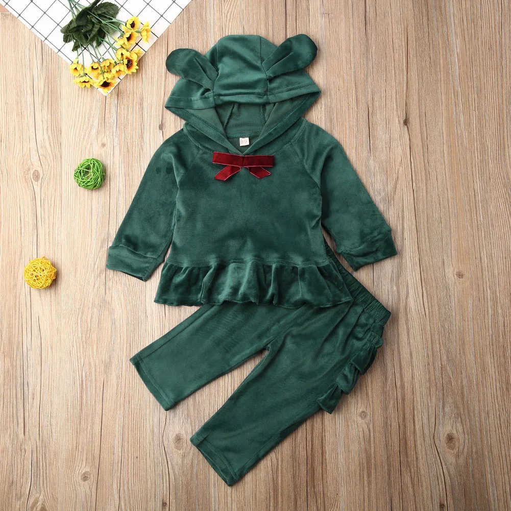 Toddler Kids Baby Girls Boys Clothes Sets 0-3Y Velvet Ear Hooded Top Sweatshirt+ Pants Trousers Set Tracksuits Clothing