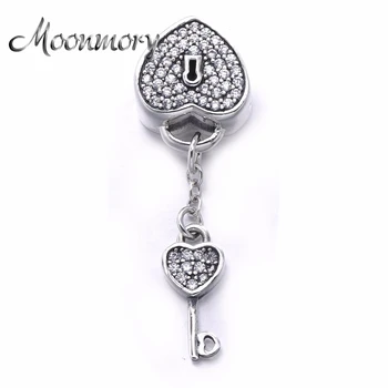 

2017 Authentic 925 Sterling Silver Lock & Key Heart Dangle Charms Pave CZ DIY Jewelry Fits Famous Brand Bracelet DIY Jewelry