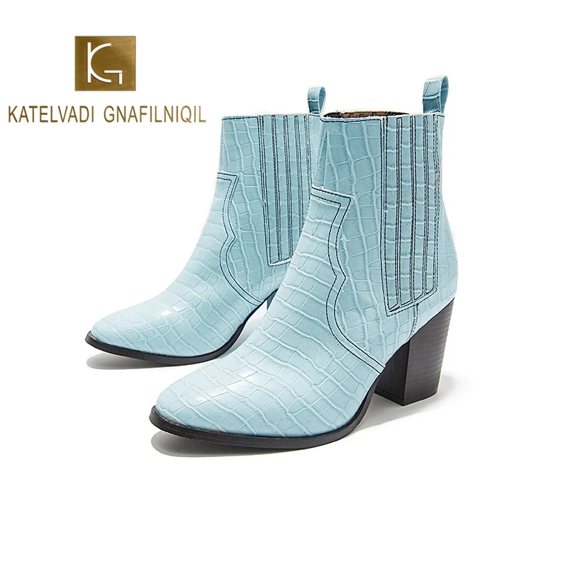 

KATELVADI Blue Ankle Boots Top PU Leather Fashion Women Pointed Toe Slip On Winter Party 8CM Thick high heels Boots YW-002