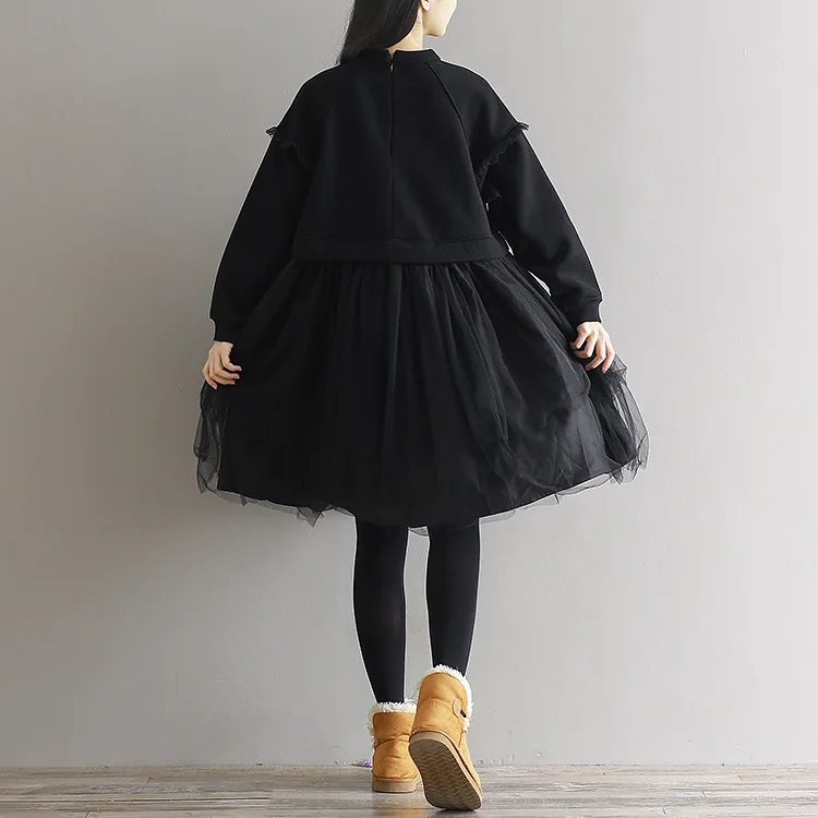 Mori girl robe Femme зимнее бархатное плотное платье-свитер с круглым вырезом и длинными рукавами, Сетчатое лоскутное теплое винтажное платье AF837