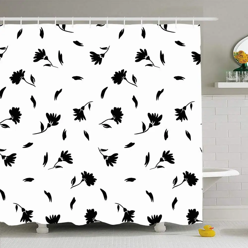 

Shower Curtain Set with Hooks 72x78 Flowers Pattern Leaf Black Texture Seamless White Petal Feminine Nature Textures Design