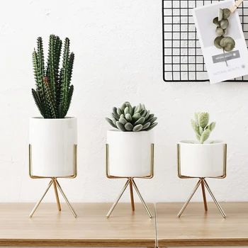 

New 1PCS Ceramic Garden Iron Succulent Plant Flower Pot With Display Stand Holder Indoor Planter Bonsai Pots Flowerpot Sets