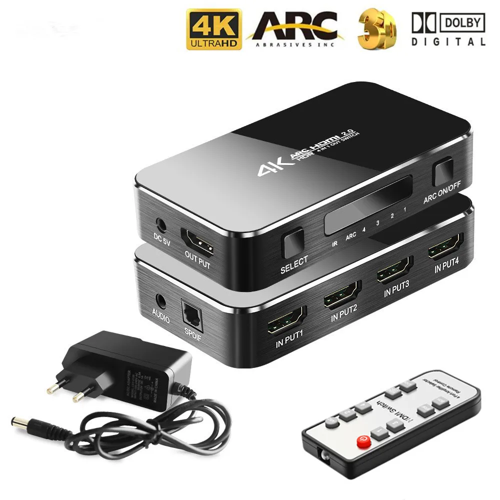 HDMI разветвитель 4 порта кабель-разветвитель HDMI коммутатор 4K 2,0 аудио экстрактор ARC& IR управление 4 входа 1 выход адаптер
