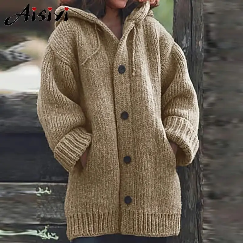 Cardigan Hooded Oversize Knitwear Sweater Female Winter Casual Long Sleeve Button Knitted Coat Women Autumn Outerwear 5XL |