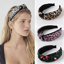 Diadema para mujer estampado de leopardo nudo superior de ala ancha diadema Vintage caliente poliéster/piel de imitación cabeza aro accesorios para el pelo turbante(China)