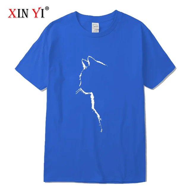 XINYI Men's T-shirt Top Quality 100% cotton short sleeve cool cat print casual loose men t shirt o-neck t-shirt men tee shirts Blue-2018312
