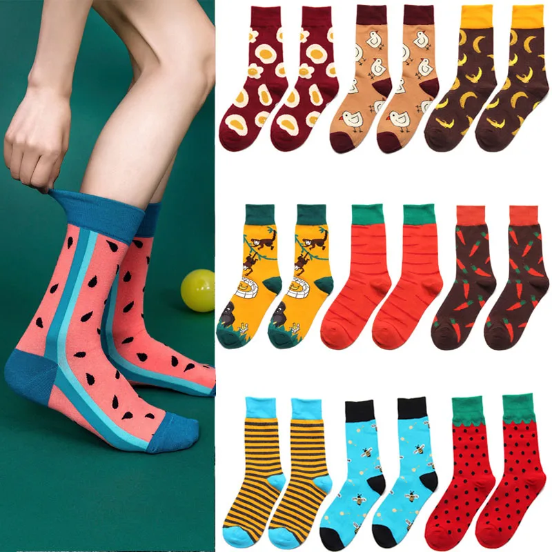 Новые мужские и женские хлопковые креативные забавные носки Модные Мультяшные фрукт банан арбуз клубника омлет узор носки унисекс