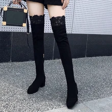 Rimocy/пикантные Черные Сапоги выше колена с кружевом; модель года; зимние высокие сапоги на высоком каблуке с боковой молнией; женская модная простая женская обувь