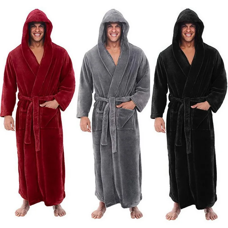 

Men Soft Corals Fleece Solid Color Pockets Long Bath Robe Nightgown Sleepwear Winter Plush Bathrobe Home Clothes Long Robe Coats