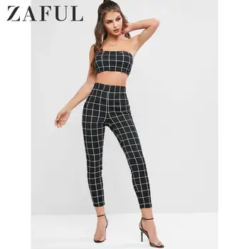 

ZAFUL Strapless Plaid Two Piece Pants Set For Women Plaid Bandeau Collar Sleeveless Top And Pencil High Waisted Pants Outfits