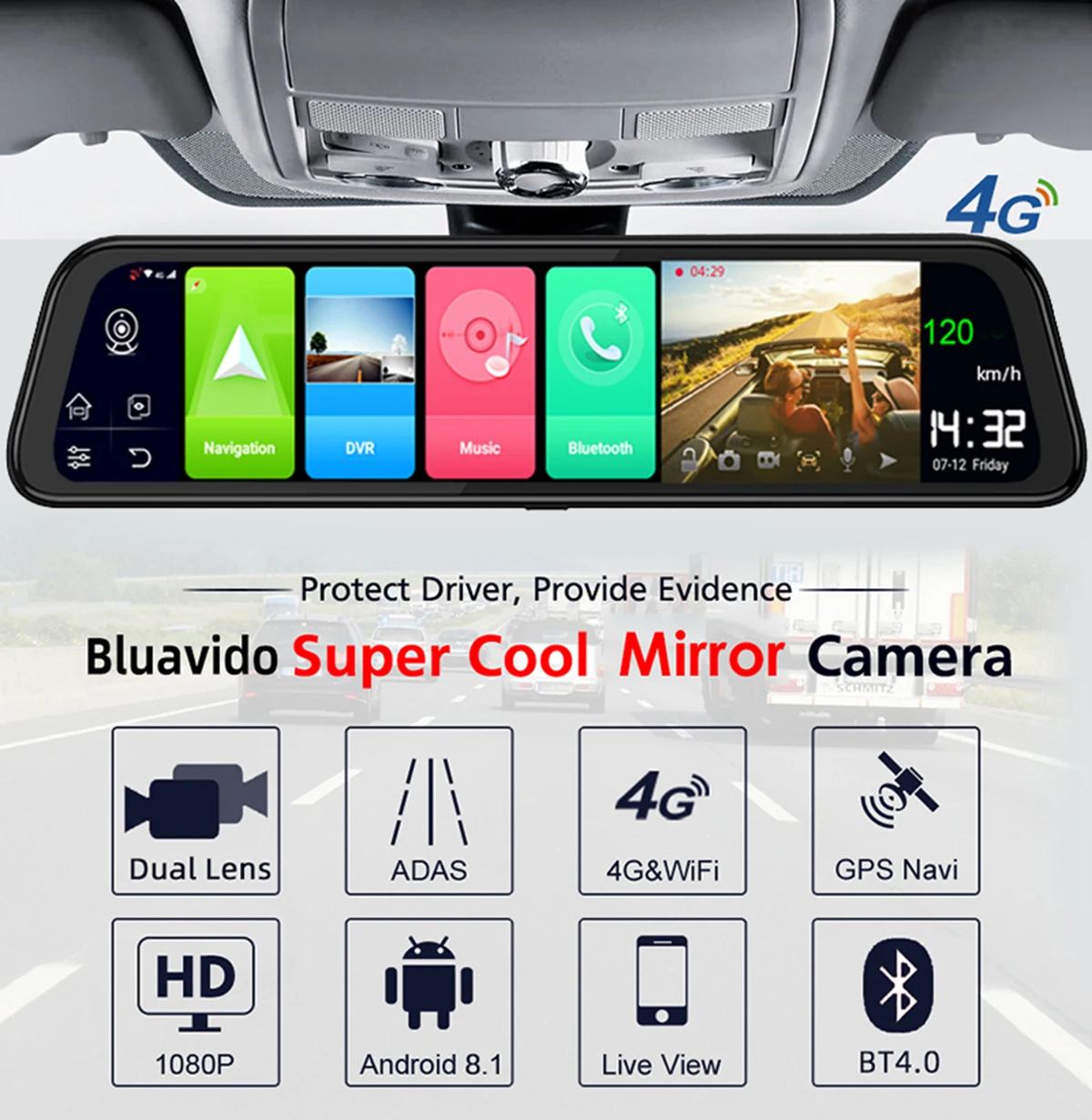 Bluavido 1" ips 4G Android 8,1 Автомобильное зеркало заднего вида DVR камера gps 2GB ram ADAS WiFi Bluetooth FHD 1080P видеорегистратор